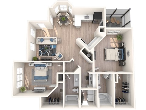 A 3D floor plan of a house with a kitchen, living room, and bedrooms.